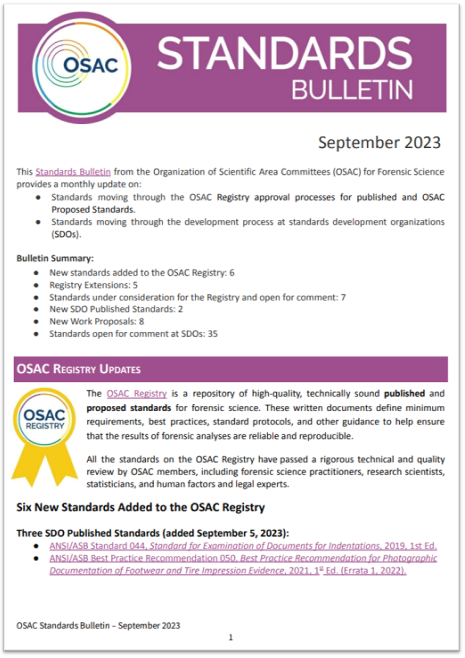 OSAC STANDARDS BULLETIN - SEPTEMBER 2023 | NIST